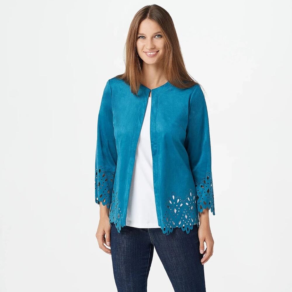 BOB MACKIE Wearable Art Teal Blue Faux Suede Open Front Jacket NWT | Medium